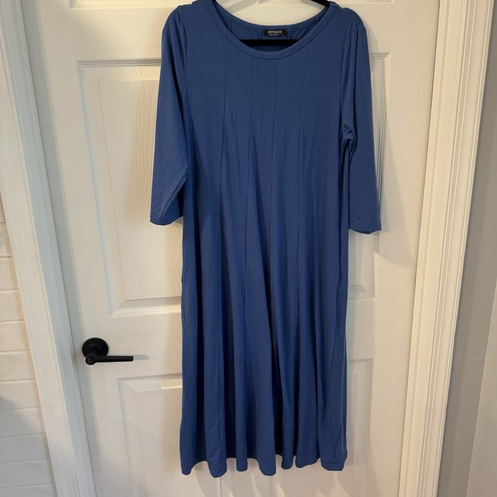 Hotouch Women Sz XL Midi Dress Royal Blue 3/4 Sleeve Pleats Comfy Modest